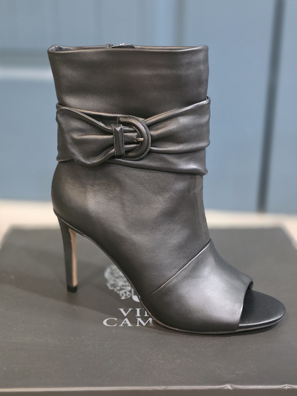 Vince Camuto Black Leather Peep-Toe Ankle Boot with Buckle Wrap